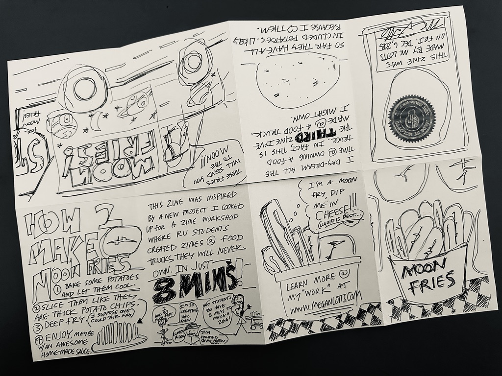 this is a picture of a black and white line drawn zine about a made up food truck that serves moon fries. 
